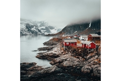 Image Lots of red houses on the shore in Scandanavia.